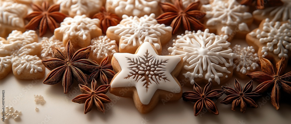 numerous white and brown gingerbread cookies with anise stars, surrounded by many Ceylon star anise or tea garments for Christmas. numerous white and brown gingerbread cookies with anise stars, surrounded by many Ceylon star anise or tea garments for Christmas.