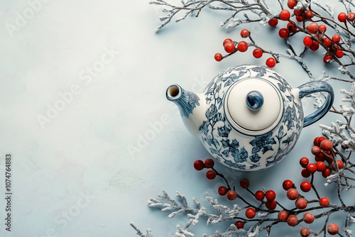 A ceramic teapot ornament decorated with winter motifs and soft blue patterns,  photo