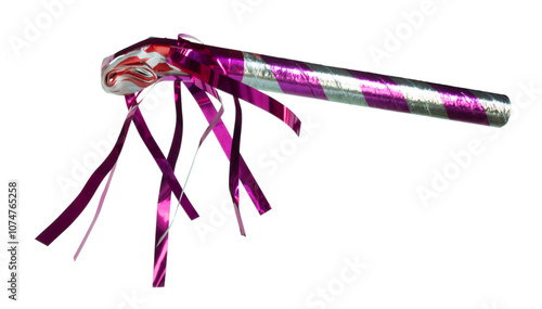 Side view of a purple red and white noisemaker