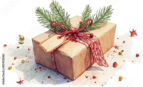 Watercolor Illustration of Festively Wrapped Holiday Gift