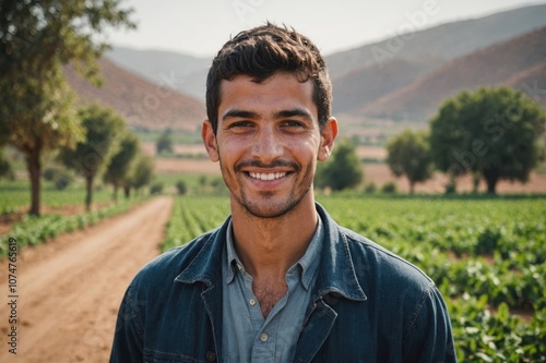 Close portrait of a smiling young Algerian male farmer standing and looking at the camera, outdoors Algerian rural blurred background