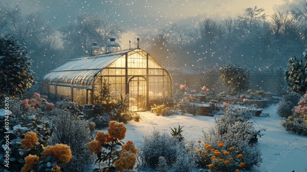 Fototapeta premium A Glass Greenhouse Illuminated in a Snowy Garden