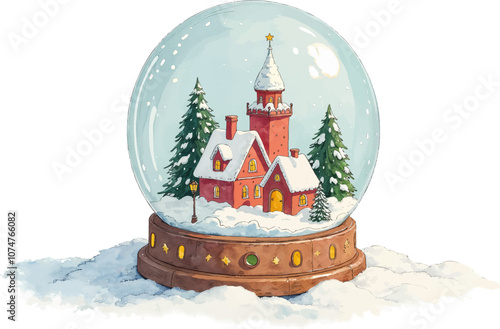 Watercolor Illustration of Snow Globe with Festive Christmas Village