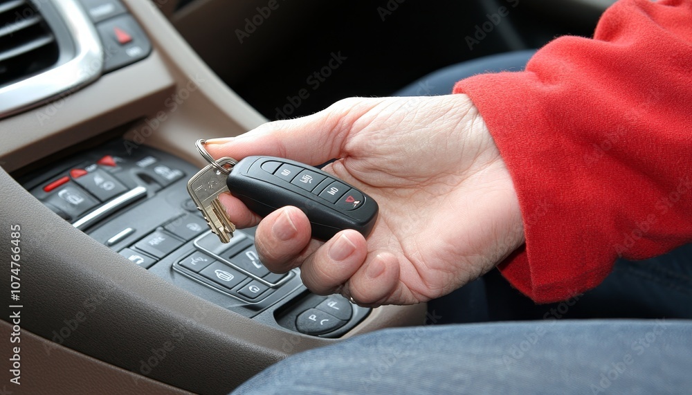 Obraz premium Womans Hand Inserts Key into Ignition, Ready to Start the Car, Emphasizing Automotive Security.