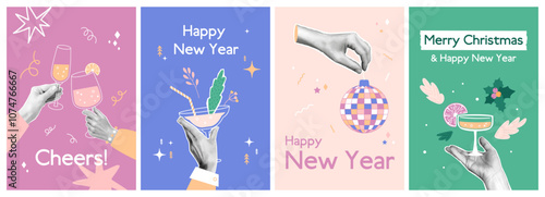 Set of Christmas cards with halftone hands and collage elements. Outline glasses with cocktails and champagne, disco ball. Confetti on color background. Vintage New Year posters. Vector illustration.