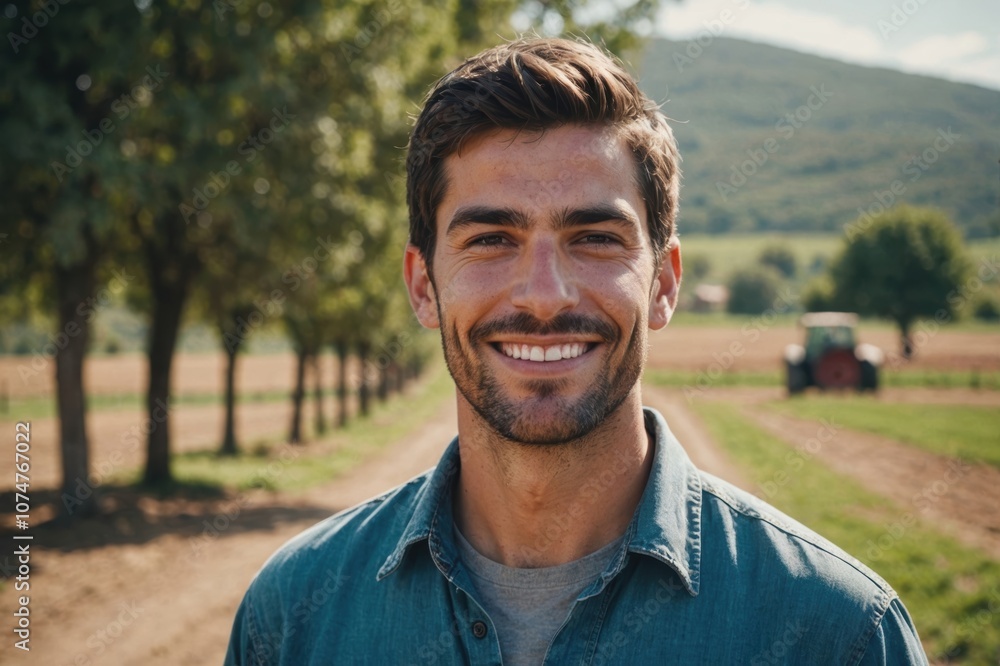 Close portrait of a smiling young Argentine male farmer standing and looking at the camera, outdoors Argentine rural blurred background Close portrait of a smiling young Argentine male farmer standing and looking at the camera, outdoors Argentine rural blurred background