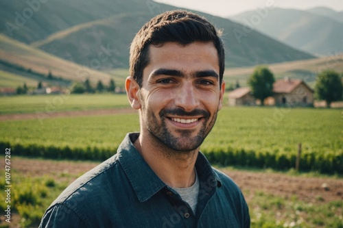 Close portrait of a smiling young Armenian male farmer standing and looking at the camera, outdoors Armenian rural blurred background