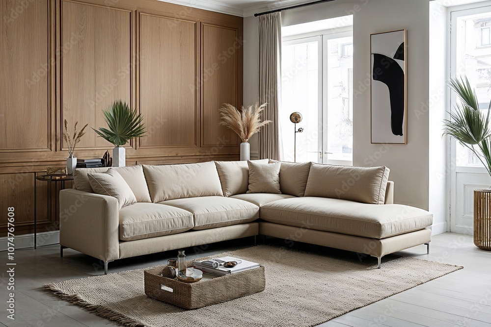 Beige Corner Sofa in a Minimalist Living Room with Wooden Paneling and Chic Decor Beige Corner Sofa in a Minimalist Living Room with Wooden Paneling and Chic Decor