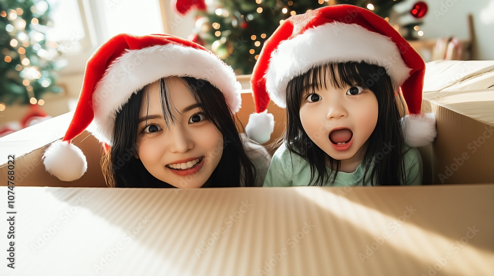 A joyful scene of an Asian mother and child wearing red and white Santa hats, sitting just outside of a large cardboard box. A joyful scene of an Asian mother and child wearing red and white Santa hats, sitting just outside of a large cardboard box.