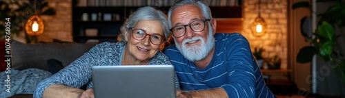 Happy Senior Couple Enjoying Quality Time Together While Using a Laptop in a Cozy Living Room Setting with Warm Lighting and Comfortable Atmosphere