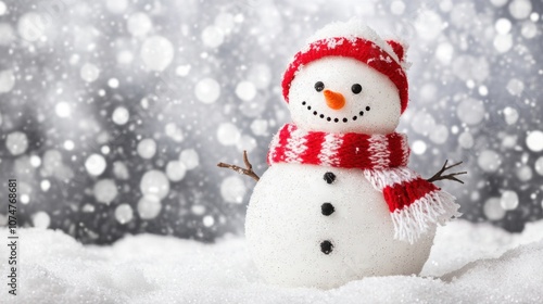 Adorable snowman in a snowy setting wearing a red and white scarf with snowflakes falling around