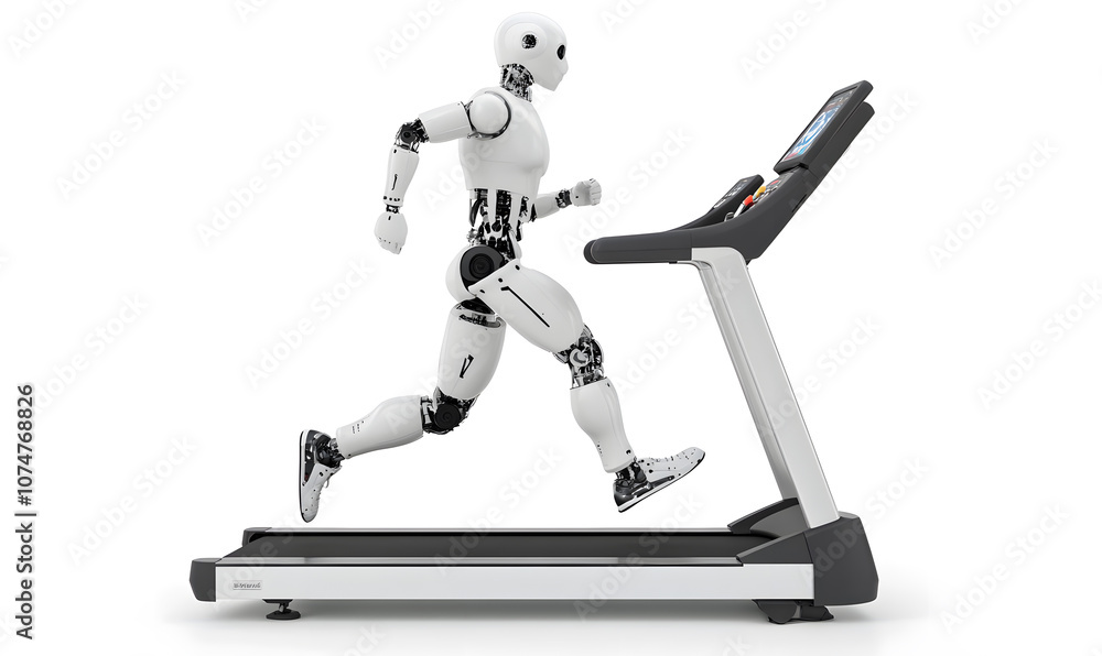 Side view AI humanoid robot training, running on gym treadmill isolated on white background Side view AI humanoid robot training, running on gym treadmill isolated on white background