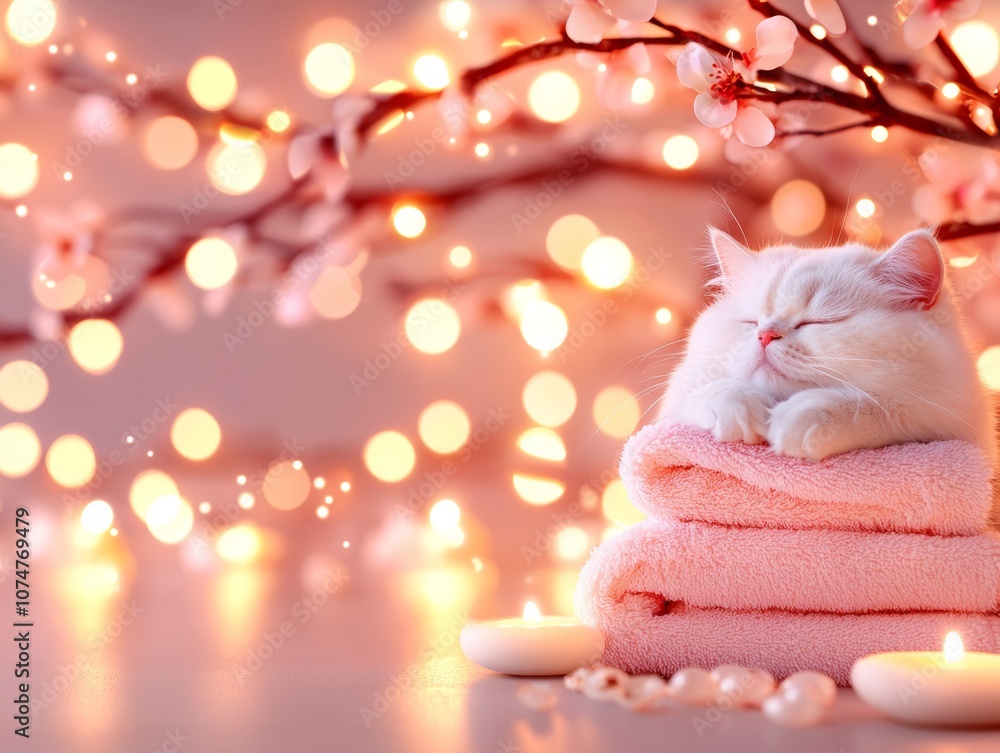 A cozy, serene cat sleeps on pink towels surrounded by soft lights and floral accents, creating a peaceful ambiance. A cozy, serene cat sleeps on pink towels surrounded by soft lights and floral accents, creating a peaceful ambiance.