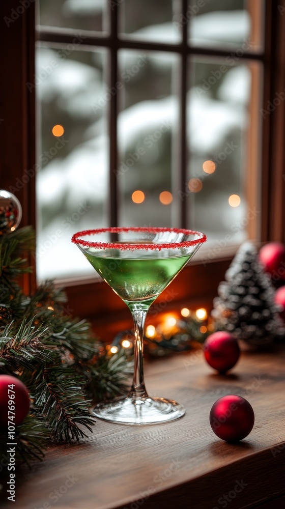A festive green cocktail garnished with red sugar rim, set near a window with holiday decorations and lights. A festive green cocktail garnished with red sugar rim, set near a window with holiday decorations and lights.