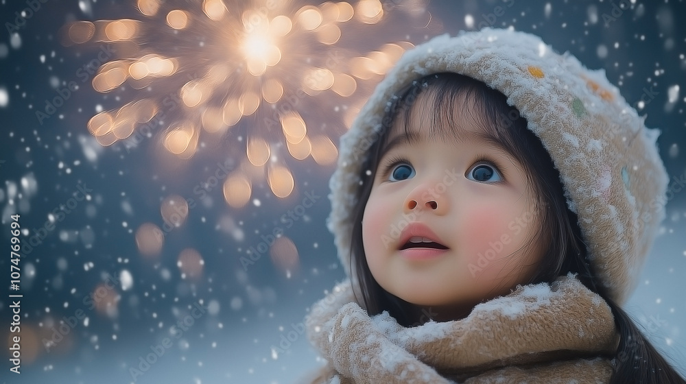 An Asian female child stands in awe, her eyes wide with amazement and delight, as she watches her first New Year fireworks display in a snowy park. An Asian female child stands in awe, her eyes wide with amazement and delight, as she watches her first New Year fireworks display in a snowy park.