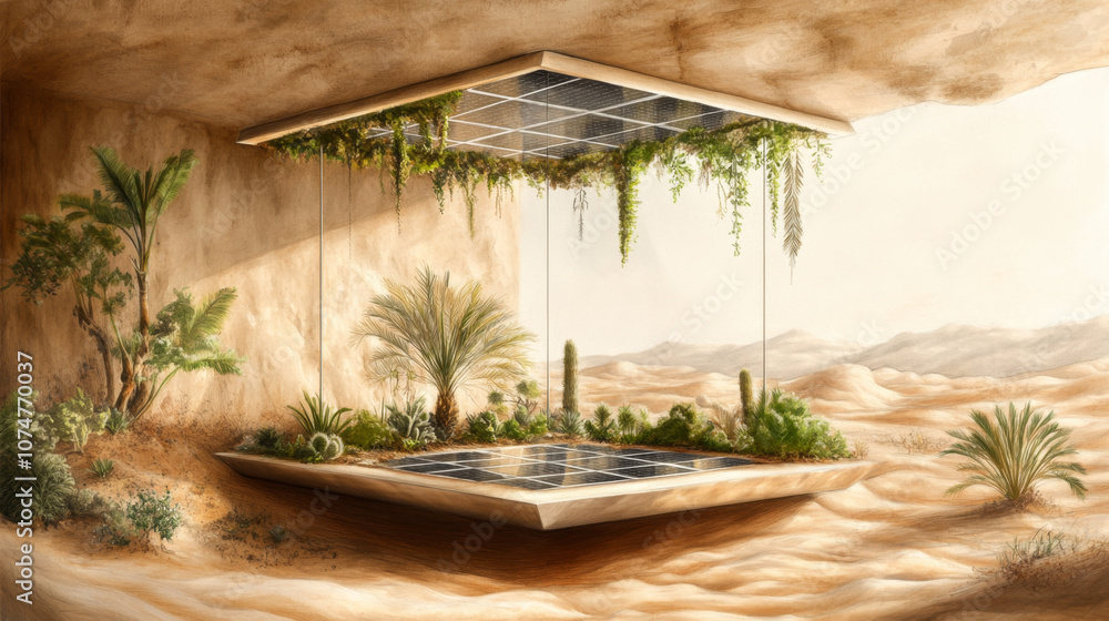 Fototapeta premium Desert oasis with solar-powered floating garden in a futuristic landscape