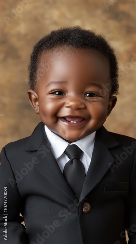 Adorable baby dressed in a formal black suit, smiling warmly against a soft, blurred background, exuding charm and happiness.