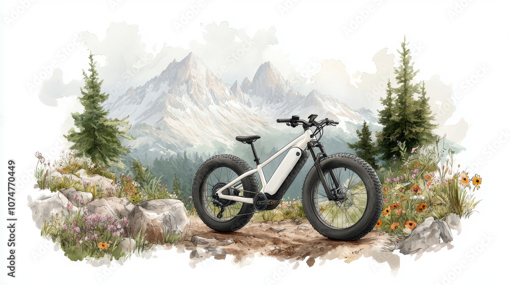 Obraz premium Modern ebike adventure amidst mountainous nature with wildflowers and scenic backdrop