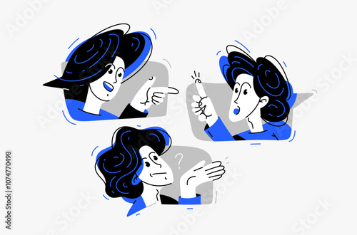 Group of young people having a discussion online via messenger, vector illustration of remote team in a conversation or brainstorm, business and work or webinar.