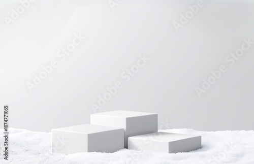 White Geometric Podium on a Snowy Winter Background     Minimalistic Display Stand for Cosmetics with Copy Space. Created with generative AI technology