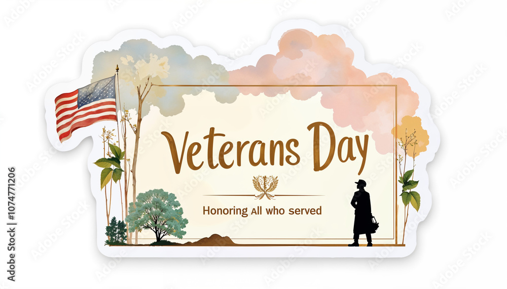Naklejka premium Text of 'Veterans Day Honoring All Who Served' golden with American Flag and Veterans day's decorative isolated on white background