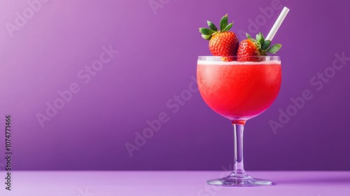 Strawberry cocktail in a glass with a straw on a purple background