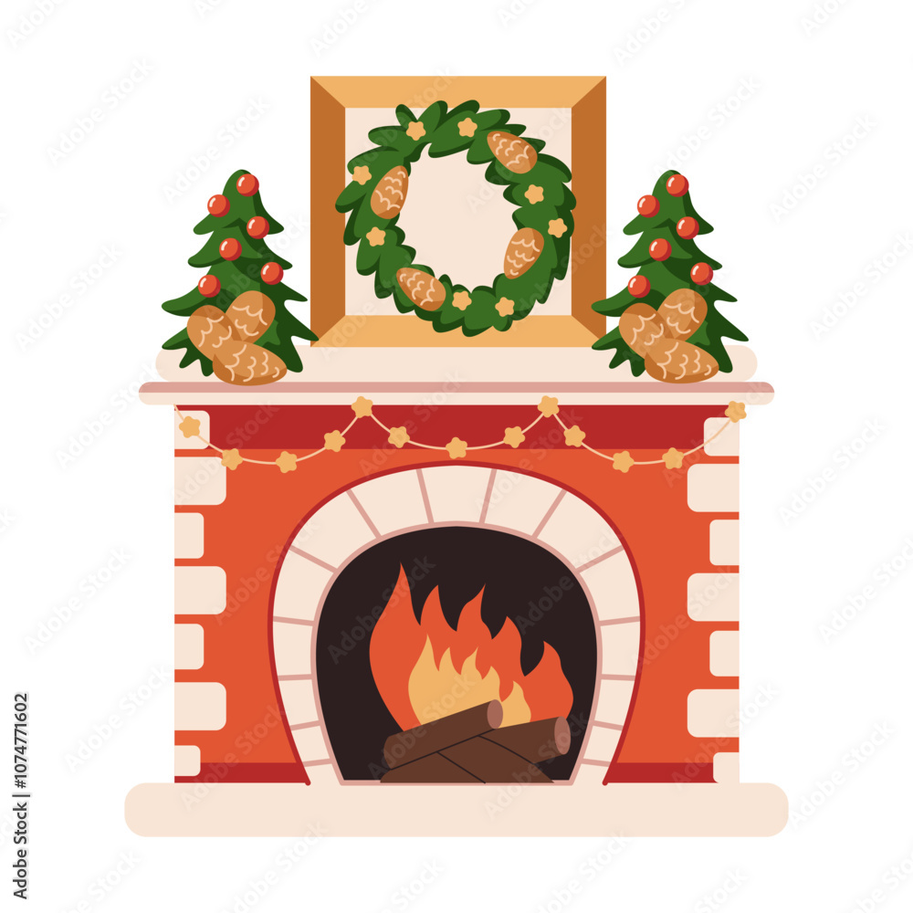 Fototapeta premium Cozy fireplace adorned with Christmas trees and wreath flat color vector object. Peaceful holiday warmth at home illustration on white background