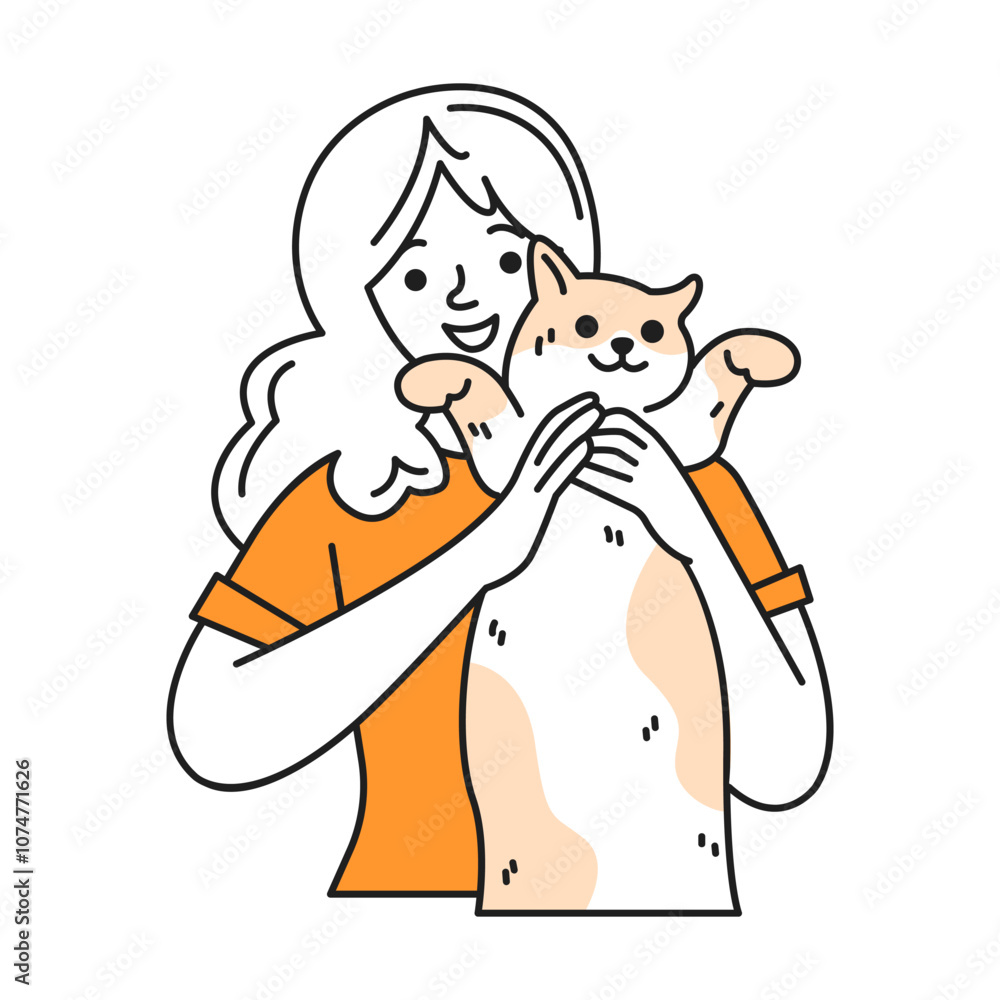 Smiling young woman in orange t-shirt holds cute cat color linear icon. Happy female reflects joy spending time with adorable pet doodle simple illustration Smiling young woman in orange t-shirt holds cute cat color linear icon. Happy female reflects joy spending time with adorable pet doodle simple illustration
