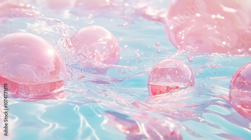 Enchanting pink bubbles gracefully float above a clear water surface, creating a dreamy and surreal visual experience. photo