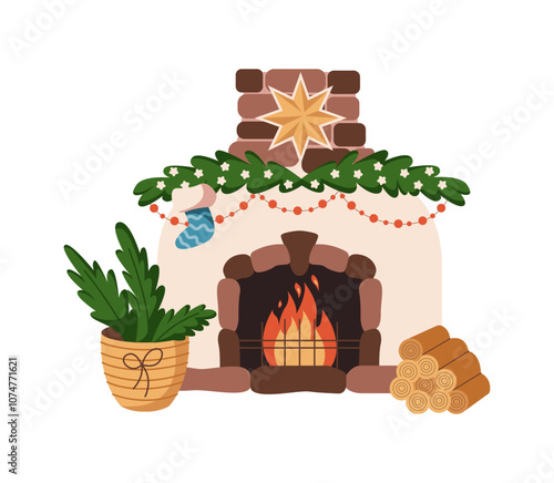 Christmas fireplace adorned with festive garland flat color vector object. Holiday atmosphere with burning firewood illustration on white background