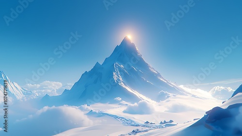 Majestic Snow-Capped Mountain Peak Illuminated by Golden Sunlight Under Clear Blue Skies Surrounded by Soft White Clouds in a Tranquil Winter Landscape