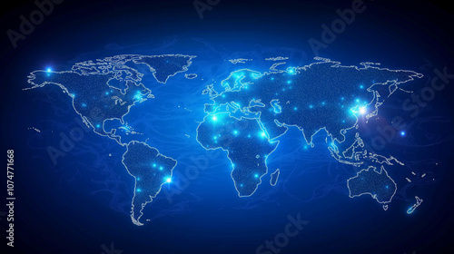 Blue world map with bright, glowing points representing global connections. 