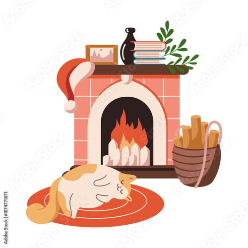 Cat sleeping on rug near fireplace with festive Christmas decorations flat color vector object. Merry home setting illustration on white background