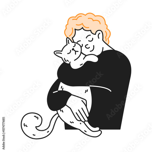 Smiling redhead teen boy with curly hair hugs cute cat color linear icon. Pet owner expresses love caressing domestic animal doodle simple illustration