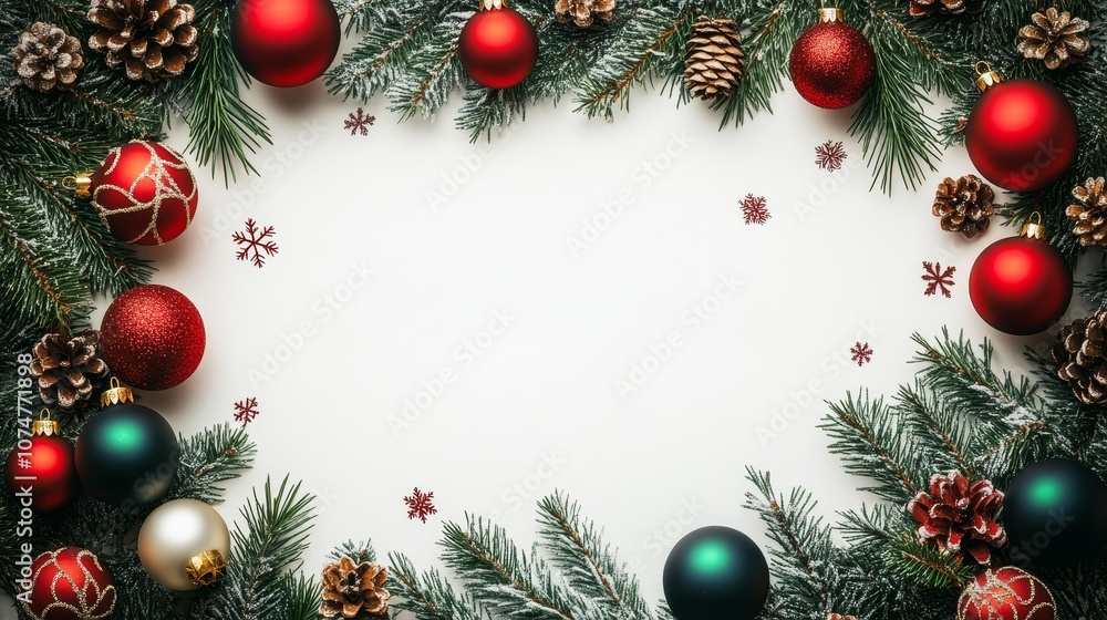 Elegant holiday scene featuring red and green ornaments, pine branches, and pinecones on a white background, ideal for seasonal designs. Elegant holiday scene featuring red and green ornaments, pine branches, and pinecones on a white background, ideal for seasonal designs.