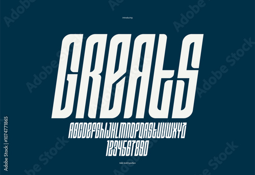 Condensed italic sans serif display font for logos headers or slogans, elegant vector tall and beautiful geometric typeface, uppercase letters alphabet with numbers, poster and advertising.
