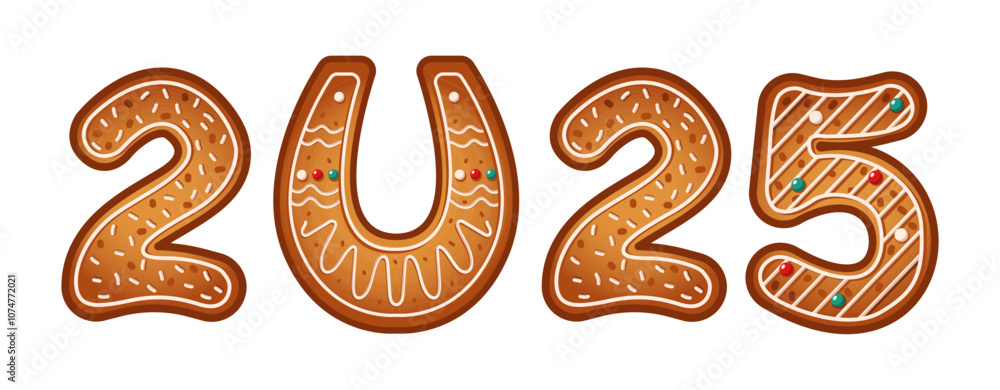Gingerbread cookies with horseshoe forming number 2025 decorated with icing flat color vector objects. Upcoming New Year and festive holiday season illustration Gingerbread cookies with horseshoe forming number 2025 decorated with icing flat color vector objects. Upcoming New Year and festive holiday season illustration
