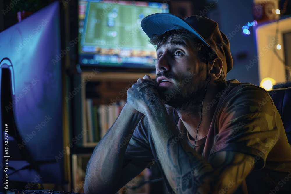 Anxious gamer with headphones clutching his head while staring at the computer screen, immersed in an intense online game. Anxious gamer with headphones clutching his head while staring at the computer screen, immersed in an intense online game.