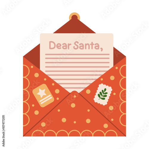 Letter to Santa Claus in festive envelope flat color vector object. Christmas holiday wish list childhood dream illustration on white background