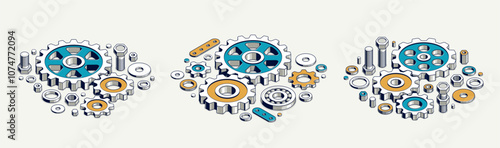 Industry and manufacturing concept set, gears and cogs composition isometric 3D vector illustration, cogwheels system technology and technics machinery engine.