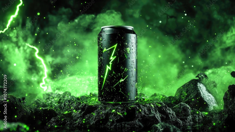 Aluminum can of energy drinks, aluminum can standing on a rock, green lightning bolts Aluminum can of energy drinks, aluminum can standing on a rock, green lightning bolts