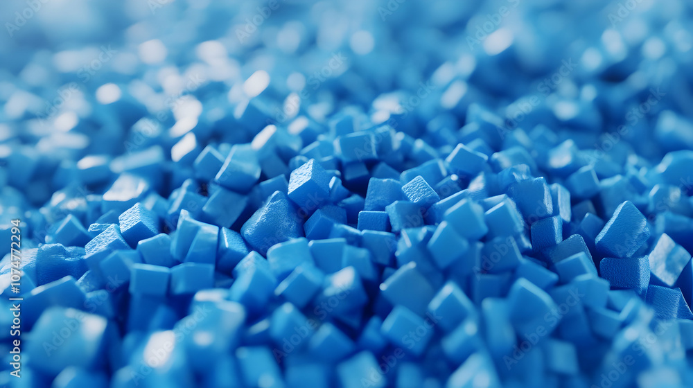 Closeup of blue plastic polypropylene granules, masterbatch polymer grain with shallow dof. HDPE or PVC resin pellets. 3d render illustration Closeup of blue plastic polypropylene granules, masterbatch polymer grain with shallow dof. HDPE or PVC resin pellets. 3d render illustration