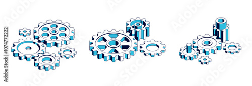 Mechanical engineering concept set, gears and cogs composition isometric 3D vector illustration, cogwheels system technology and technics machinery engine.