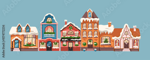 Dreamlike winter village houses in winter flat color vector illustration. Christmas building with decorated facades cartoon composition on blue