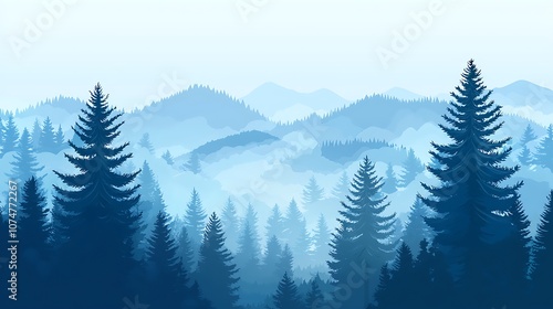 Serene Misty Forest Landscape with Layered Blue Mountains and Tall Evergreen Trees in a Tranquil Natural Setting for Peaceful Backgrounds