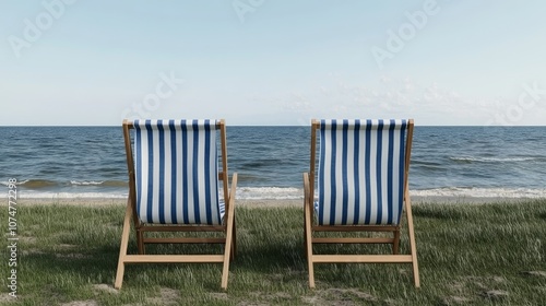 Two striped beach chairs on a grassy shore facing a calm ocean, perfect for relaxation and scenic enjoyment. photo