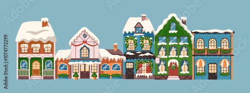 Charming winter buildings with snow on roofs flat color vector illustration. Houses with New Year ornaments cartoon composition on blue