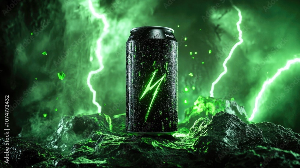 Aluminum can of energy drinks, aluminum can standing on a rock, green lightning bolts Aluminum can of energy drinks, aluminum can standing on a rock, green lightning bolts
