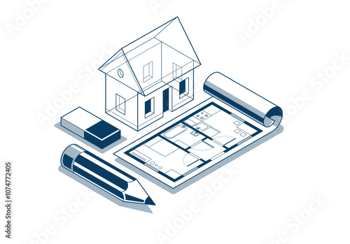 House project concept, 3D isometric vector illustration of a small house and blueprint building project, construction architectural model, residential family small house.