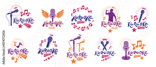 Karaoke party or club logos and emblems vector set isolated, singing music nightlife entertainment weekend theme, microphones and musical notes compositions.